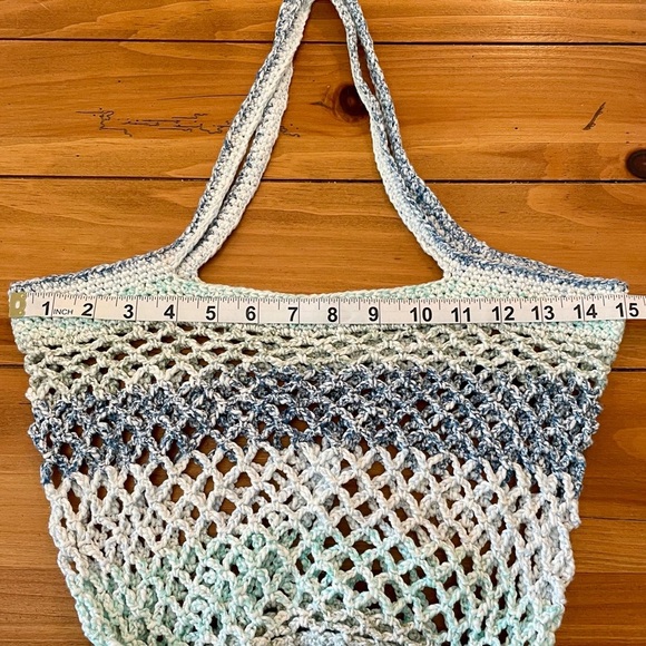 NEW! Handcrafted Crochet 100% Cotton Packable Tote Bag & Pouch - Blue/Green - Picture 12 of 16